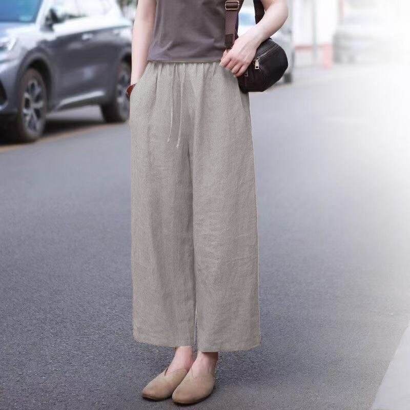 Summer Artistic Cotton-Linen Casual Pants, Solid Color Elastic Waist Wide-Leg Pants, Slimming Women's Wide-Leg Pants, Plus-Size Loose Cropped Pants