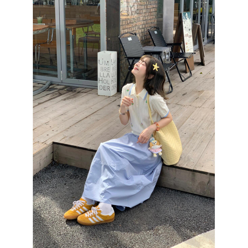 ドレスレディース2025夏新作着用年齢軽減ポロカラーセーターTシャツブルーロングスカート2点セット|undefined