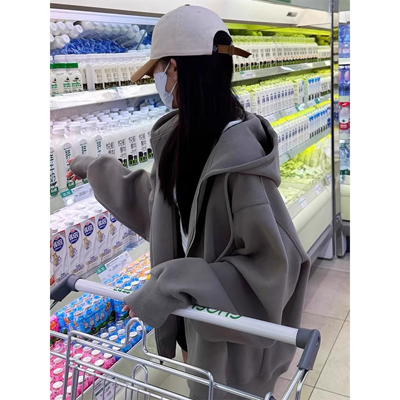 Junior High School Students' Hooded Sweatshirts for Girls, New Popular High School Students' Loose Zipper Cardigan Gray Jacket