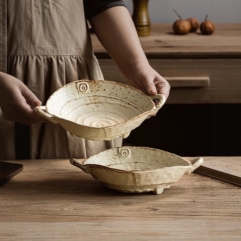 Rustic Ceramic Plate Japanese Style Vintage Ceramic Double-Handle Plate Salad Plate Household Handmade High-End Fruit Plate Salad Bowl Tableware