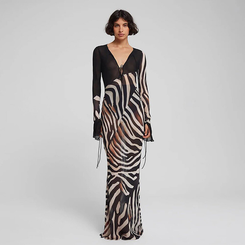 K25D76501 Cross-Border European and American Style 2026 Summer Fashion Color-Blocking Printed Sexy V-Neck Mesh Long-Sleeve Dress