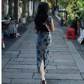 蓝色旗袍女新中式改良连衣裙夏大码有弹力修身日常2026新款巨好看