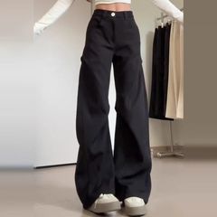 アメリカンプリーツブラックワークウェアスーツパンツレディースデザインニッチパンツストレートカジュアルワイドレッグパンツ春夏