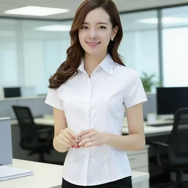 เสื้อเชิ้ตทำงานผู้หญิง แขนสั้น ทรงเข้ารูป เสื้อเชิ้ตสีขาว