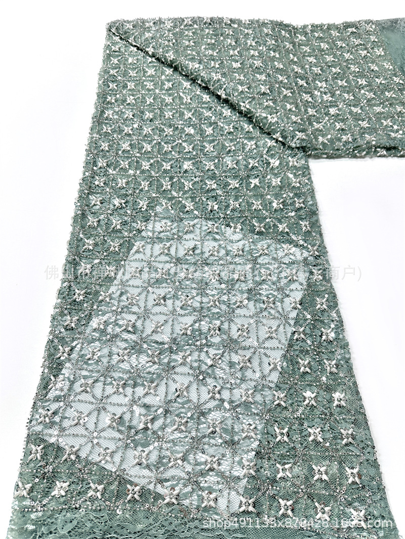 Blanco pesado clavos de cuentas sequinilla tela de encaje cuadrilátero cosido a mano perla sequinilla vestido tela