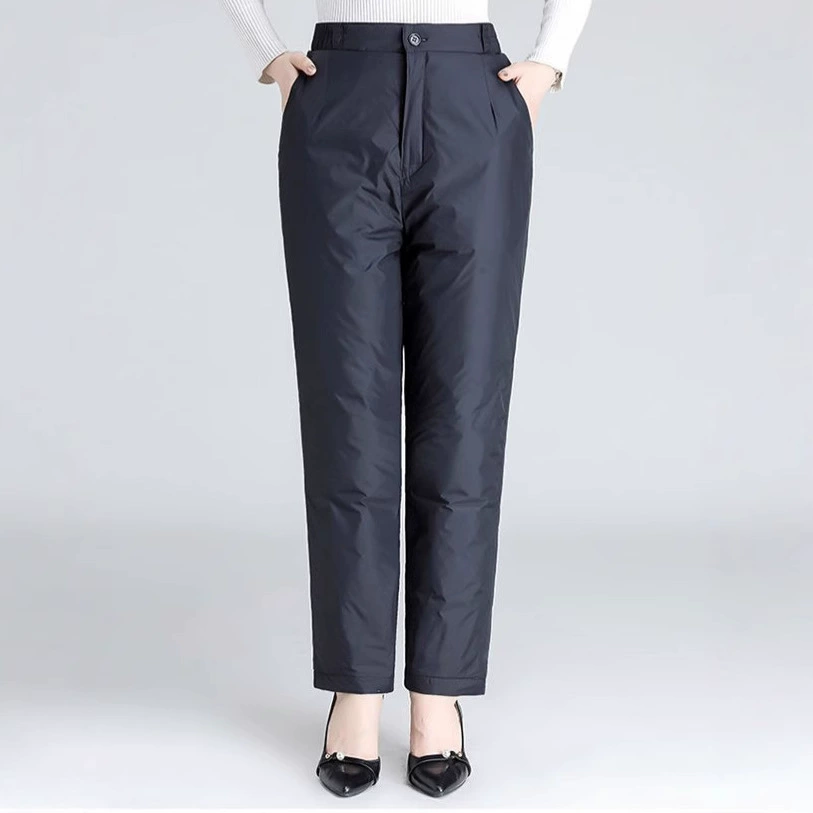 Женские пуховые брюки среднего и пожилого возраста для верхней одежды, прямые, свободные, с высокой талией, уличные, морозостойкие, облегающие хлопковые брюки на белом утином пуху, большие размеры