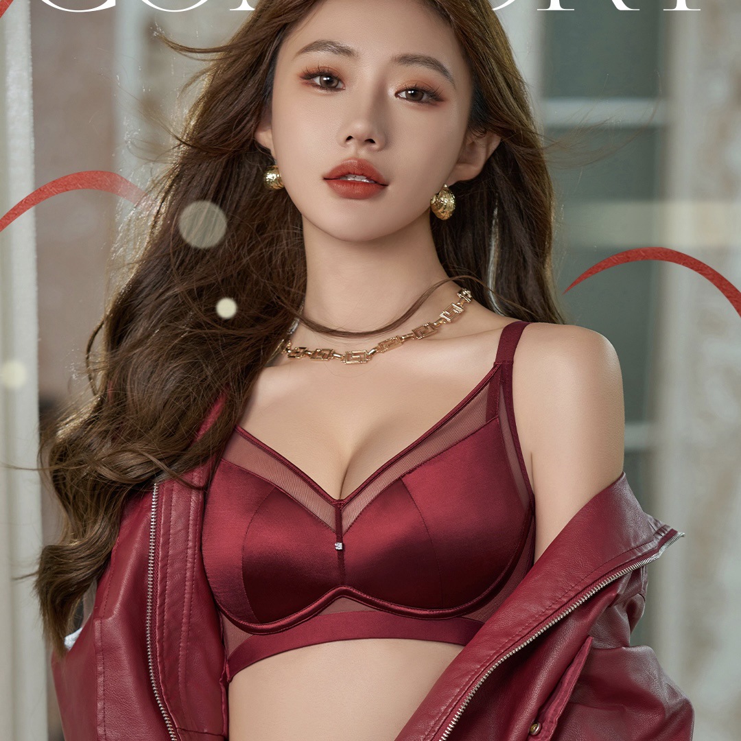 6626 Ropa interior para mujer Taza gruesa de color medio, hilo de red satinado brillante, taza de seda de morera, sujetador ajustable sin anillo de acero