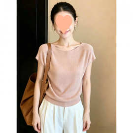 夏季坑条螺纹宽松显瘦短袖针织衫女夏季气质高级感设计一字领上衣