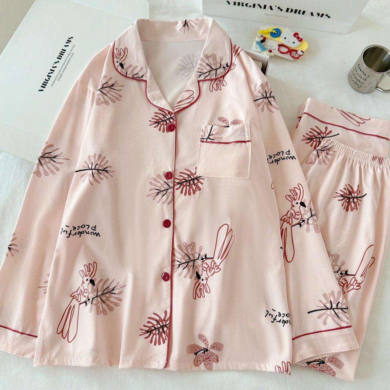 Pijamas al por mayor transfronterizos de algodón de mujer cardigan de otoño con solapa de mangas largas pantalones simples y cómodos set de ropa de hogar suelta