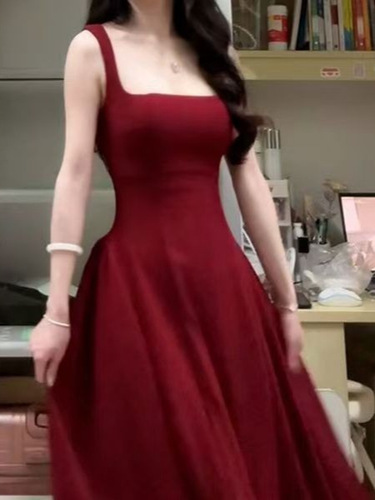 French-style cinched waist halter dress for women, summer red A-line skirt with a sleek, sophisticated design and a high-end vibe.