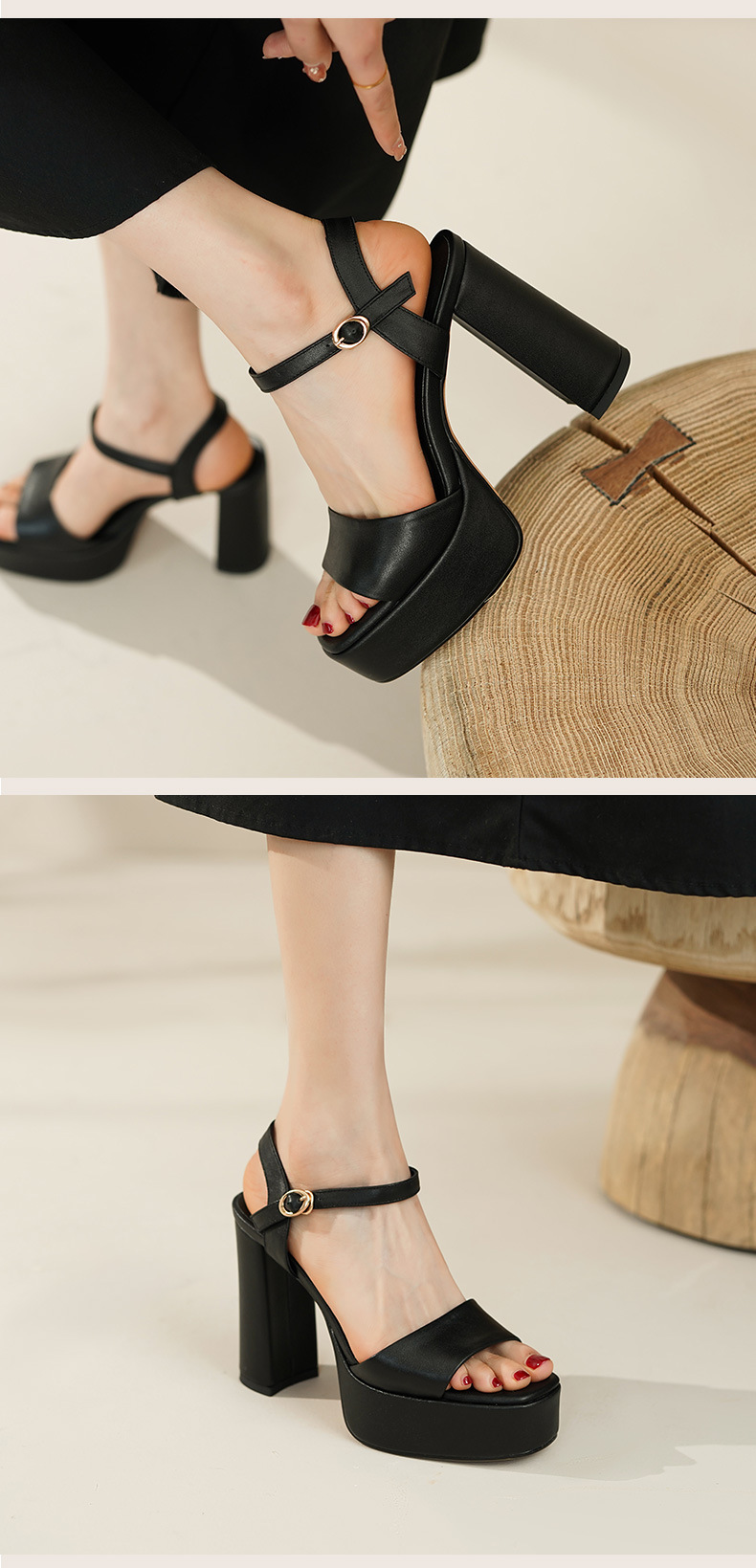 Sandal cao gót quai ngang da bò lớp đầu phong cách Âu Mỹ gót vuông 11 cm — Da lộn Cừu Đen [Chiều cao gót 10 cm] chi tiết 6