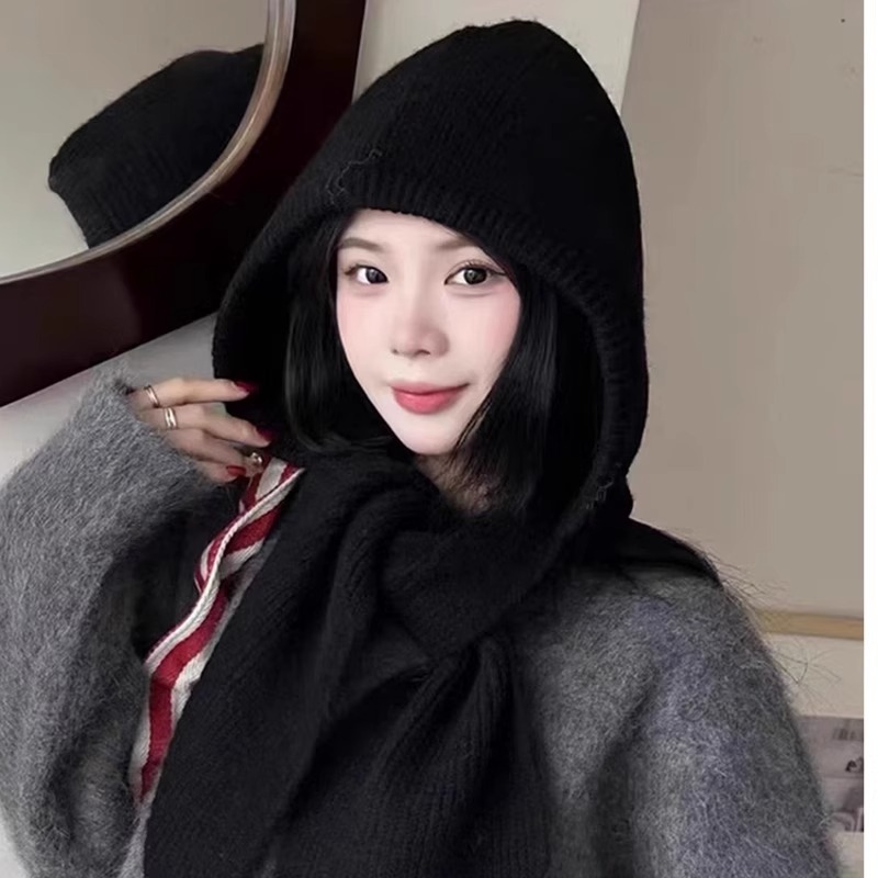 韩国秋冬新款针织帽子女围脖一体两用外搭巴拉克拉法帽护颈披肩帽|undefined