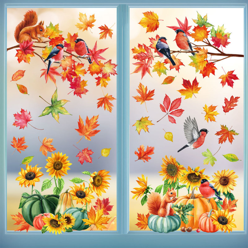 Autumn Thanksgiving Stickers Wholesale Pumpkin Maple Leaf Sunflower Static Cling Stickers for Window Glass Door Scene Decoration Window Stickers