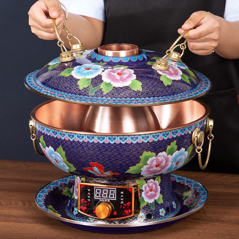 Pure copper electric copper hot pot Jingtailan copper hot pot antique pure copper pot household enamel charcoal yin yang copper hot pot