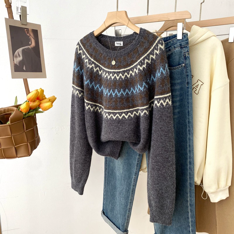 24 осенние и зимние новые продукты Жаккардовый свитер с круглым вырезом рукава ретро стиль свитер с длинными рукавами 1002
