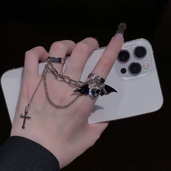 Harajuku Style Black Cross Ring Sweet Cool Spice Girl Subculture Diablo Gothic Niche Tassel Double Ring Ring Ring