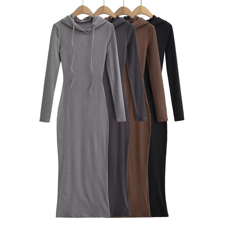 Trendy Women's European and American Style Hooded Lace-up Wool-grab Long-sleeve One-step Dress dress Solid Color Waisted Long Dress