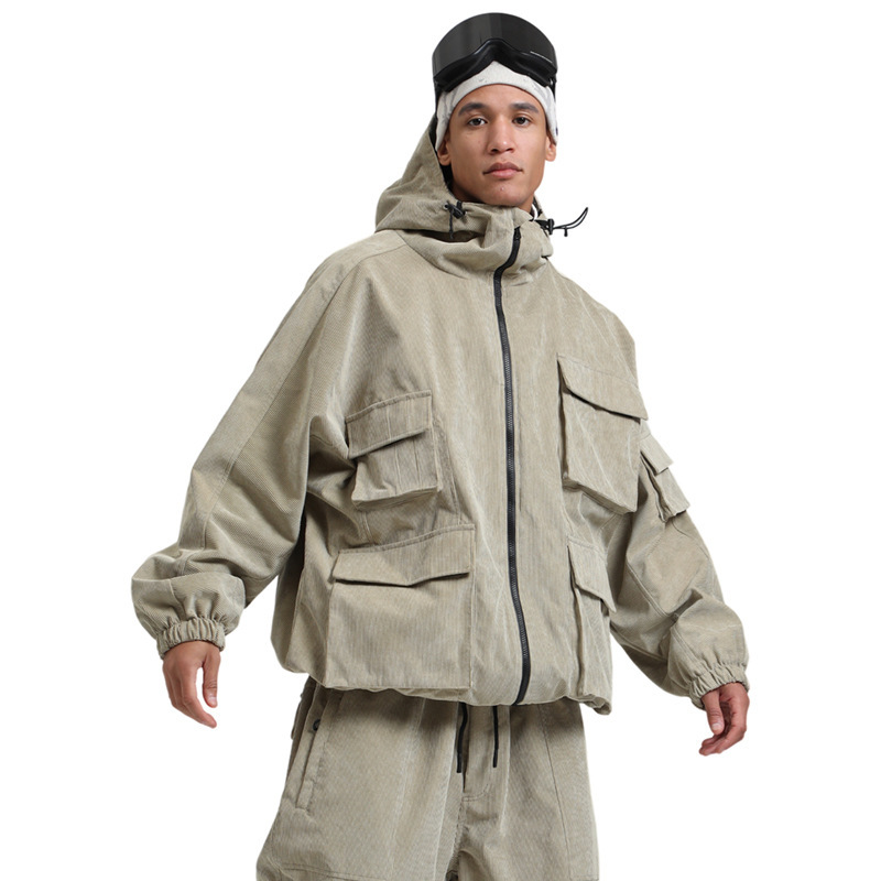 New Winter Ski Suit Men's Top Loose Single-board Windproof Waterproof Tooling Multi-pocket Hooded Ski Suit Women