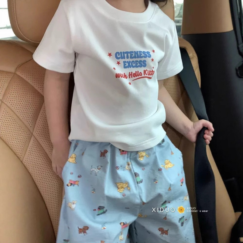 夏の女の子の超かわいい漫画のフルプリント防蚊パンツブルーストレートパンツ子供服男の子と女の子のための薄い子犬パンツ|undefined