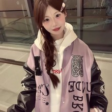 新款春秋季拼接PU皮嘻哈字母印花男女国潮棒球服立领外套情侣夹克