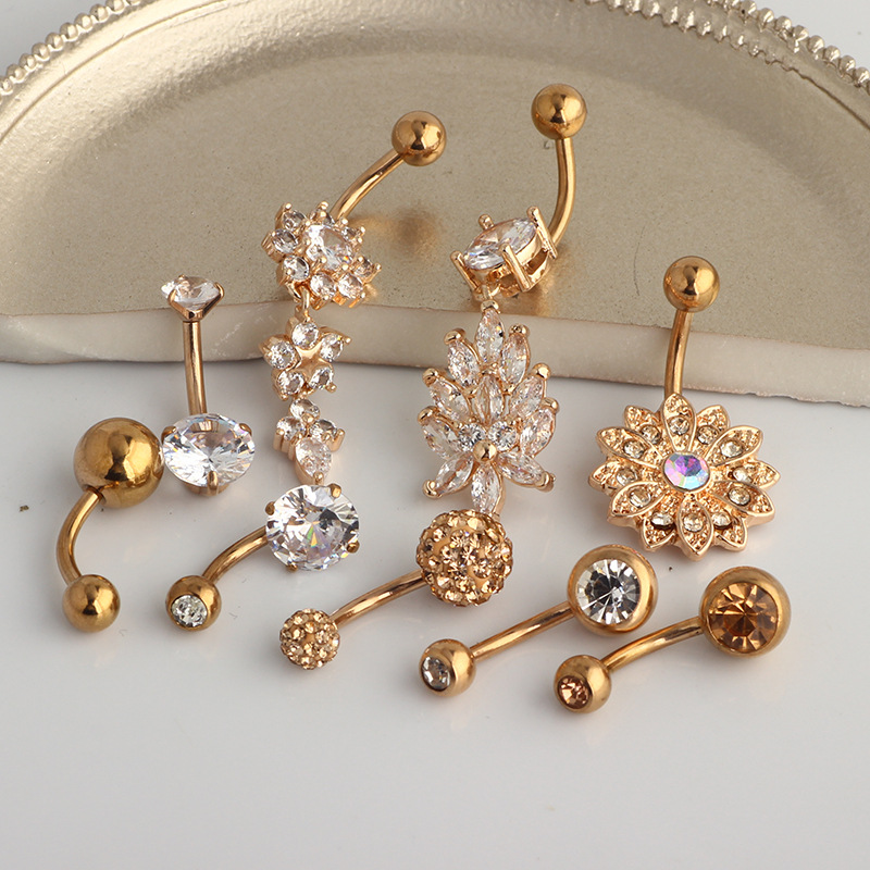 Rose Gold Flower Diamond Navel Ring Stainless Steel Dangle Belly Button Piercing 9-Piece Set detail image 8