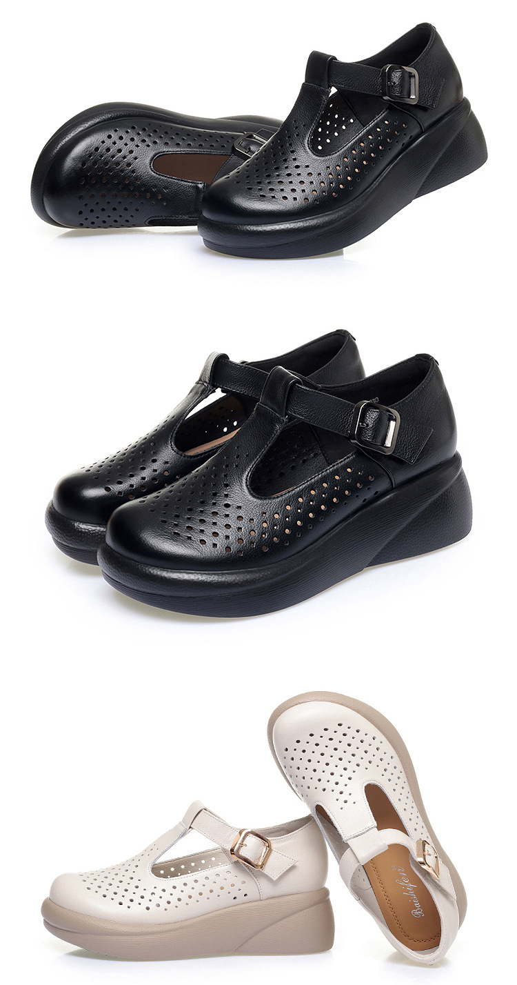 Sandal nữ đế xuồng cao gót hở mũi, quai ngang khóa kim loại, da thật mềm — Be【Lỗ】 chi tiết 12