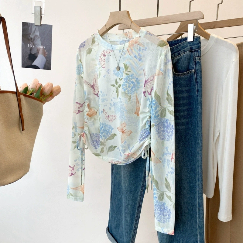 Рубашка с длинными рукавами и принтом из сетки/полиэстера, весенний дизайн 2025, новый круглый шнурок