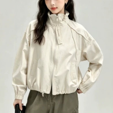 Stand-up collar drawstring design short jacket for women 2026 spring and autumn Korean style casual loose slimming stylish top Stand-up collar drawstring design short jacket for women 2026 spring and autumn Korean style casual loose slimming stylish top