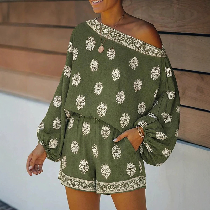 Foreign Trade Cross-Border Amazon European and American Style Off-Shoulder Lantern Long-Sleeve Bohemian Lace Trim Elastic Waist Jumpsuit