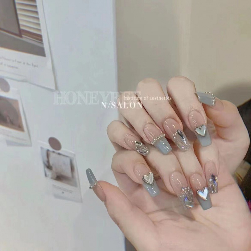[Purely Handmade] Phototherapy Manicure Patch Haze Blue Heart Diamond Xiaohongshu Same Style Fake Nails Ins Removable