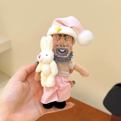 Decoration – Pluş açarlıqlar - grandpa-cow-with-a-white-rabbit-pink-sleeping-cap-pendant