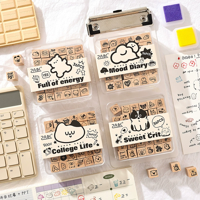 Милые штампы, 36 штук в коробке с множеством милых узоров, в стиле студенческого справочника, декоративная печать своими руками, деревянные штампы