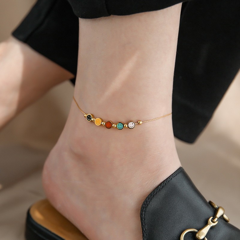 High-grade colorful dripping glaze 5 smiley face anklets for women that do not fade. Korean new niche light luxury design Chinese Valentine's Day gift