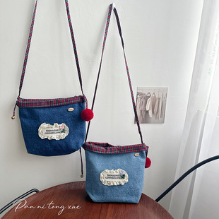 Original Children's Denim Shoulder Bag Spring outing Sweet Bag Baby Girl Double-sided Bucket Bag Girl's Handbag Bag