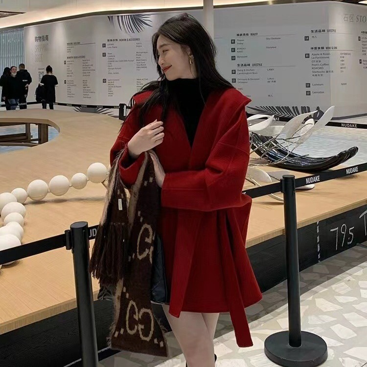 Camel velvet coat red shirt Korean style hooded cashmere high-grade small double-sided wool woolen coat for women