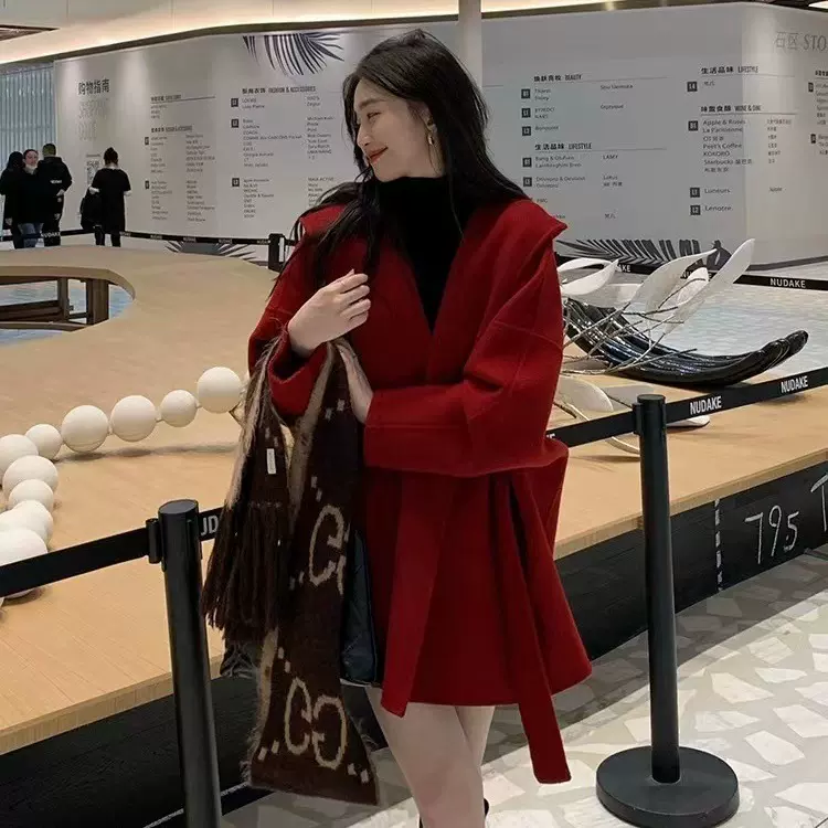 骆驼绒大衣红色战袍韩系连帽羊绒高级感小个子双面羊毛毛呢外套女