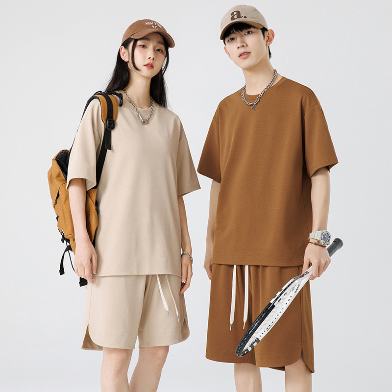 Summer Men's and Women's Same Style Short-sleeved Suit Large Size Fashionable Fatty Plus Large Solid Color All-match Casual Sports Two-piece Suit