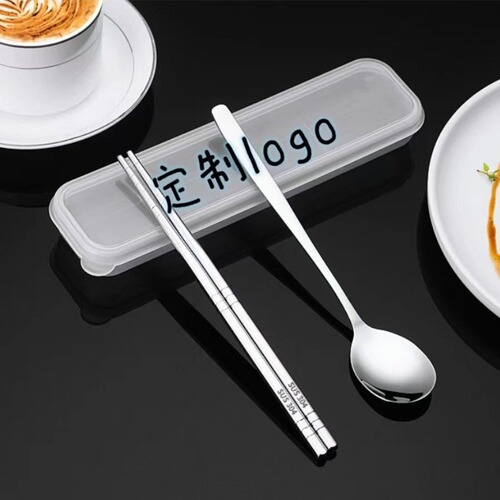 304 stainless steel chopsticks and spoons cute two-piece set for office workers and students, portable cutlery set with storage