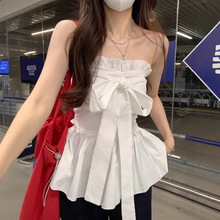 甜美风白色蝴蝶结绑带抹胸背心女夏季法式荷叶边别致收腰显瘦上衣