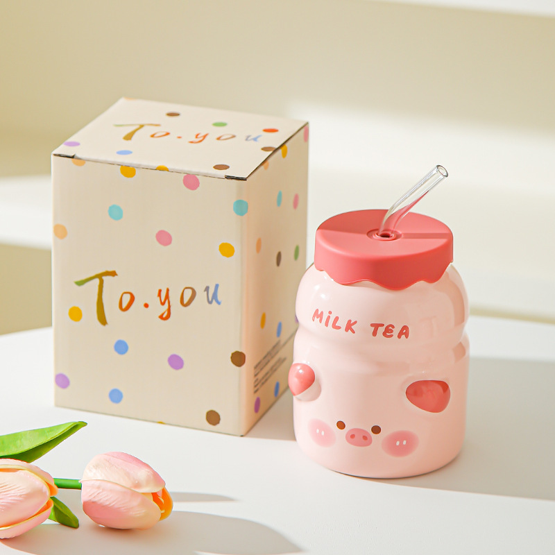 Taza de paja de cerámica creativa con tapa de verano, taza de agua indispensable, taza de jugo doméstica, taza de bebida fría