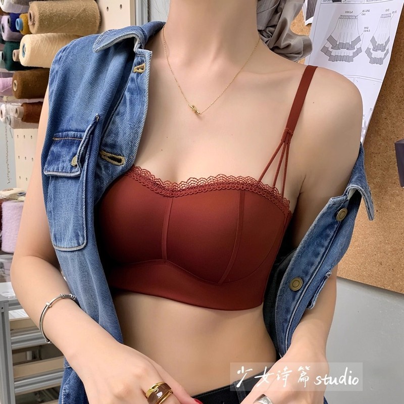 小香风手掌半杯抹胸内衣女小胸聚拢显大薄款无痕裹胸防走光文胸罩|undefined