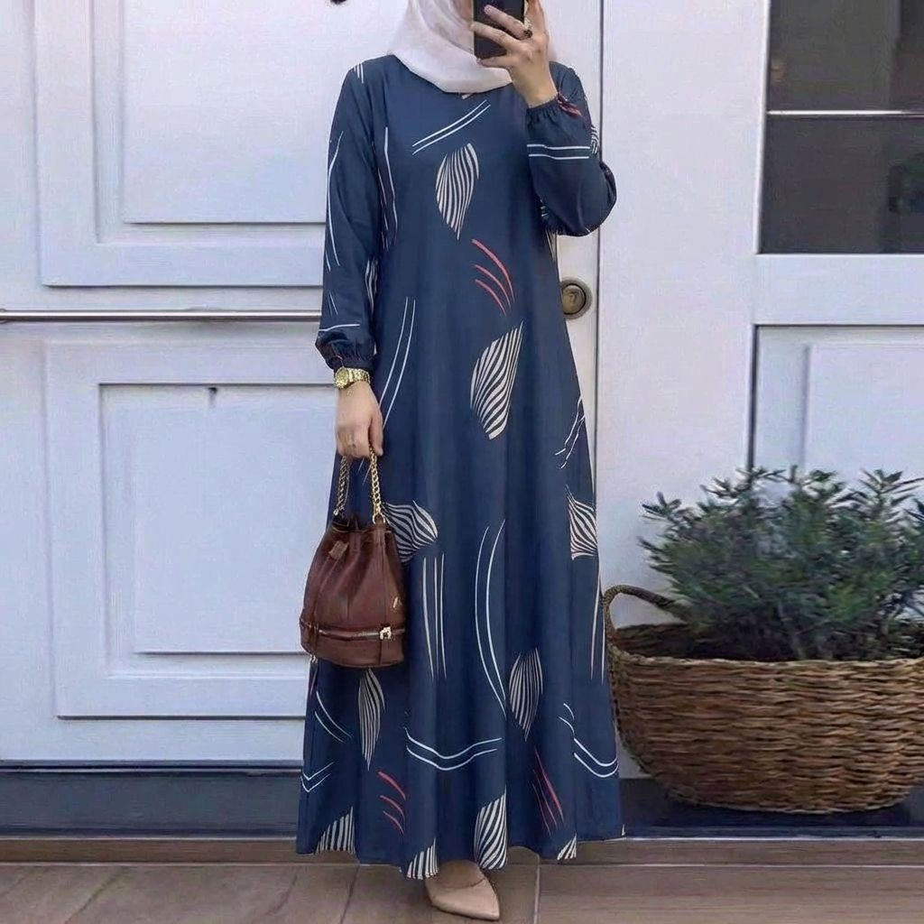In Stock Cross-Border New Printed Middle Eastern Muslim Malay Full Sleeve Round Neck Robe Long Dress Factory Wholesale_ecoleips.com