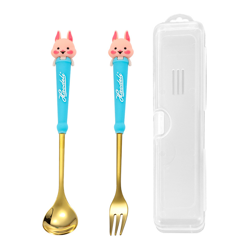 Lindo cuchara Tenedor vajilla traje portátil de dibujos animados de alto aspecto mango largo cuchara pequeña de acero inoxidable conjunto de dos piezas para niños