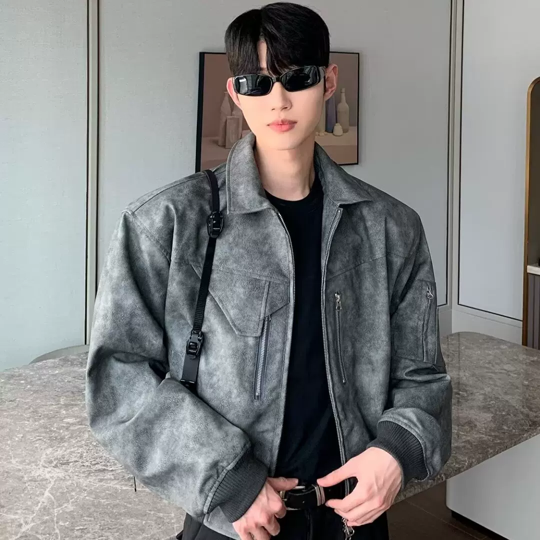 韩版春秋就设计感金属拉链pu皮夹克男高街宽松休闲机车皮衣外套男