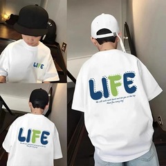 ボーイズラウンドネックプリント半袖Tシャツ綿100%多用途カジュアルトップス中大型子供用トレンディな半袖夏