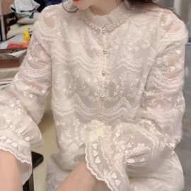 名媛重工立领蕾丝长袖衬衫女秋冬设计感珍珠扣洋气别致上衣