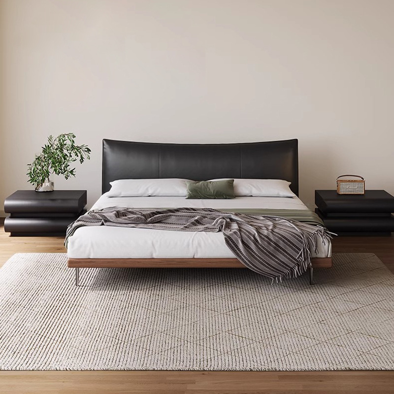 Cama de cuero minimalista italiana Cama Chanel Cama doble negra antiguo 1.8m simple cama de matrimonio cama de madera de cera blanca cama suave