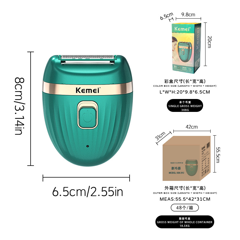 Afeitadora Eléctrica Kemei KM-393, Lavable, Dispositivo de Depilación Corporal para Mujer, Mini Afeitadora Portátil USB