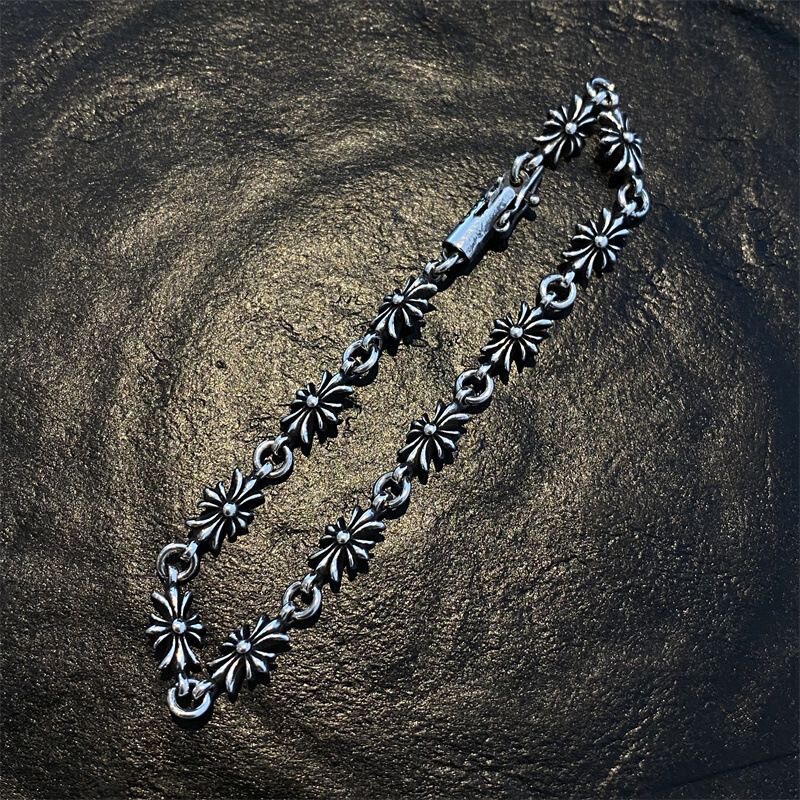 S925 sterling silver vintage ch g Luo cross flower bracelet hip hop old fashion men's and women's lovers bracelet S925 sterling silver vintage ch g Luo cross flower bracelet hip hop old fashion men's and women's lovers bracelet