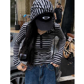 纯棉条纹连帽长袖T恤女春季季大码微胖mm设计感小众修身显瘦上衣